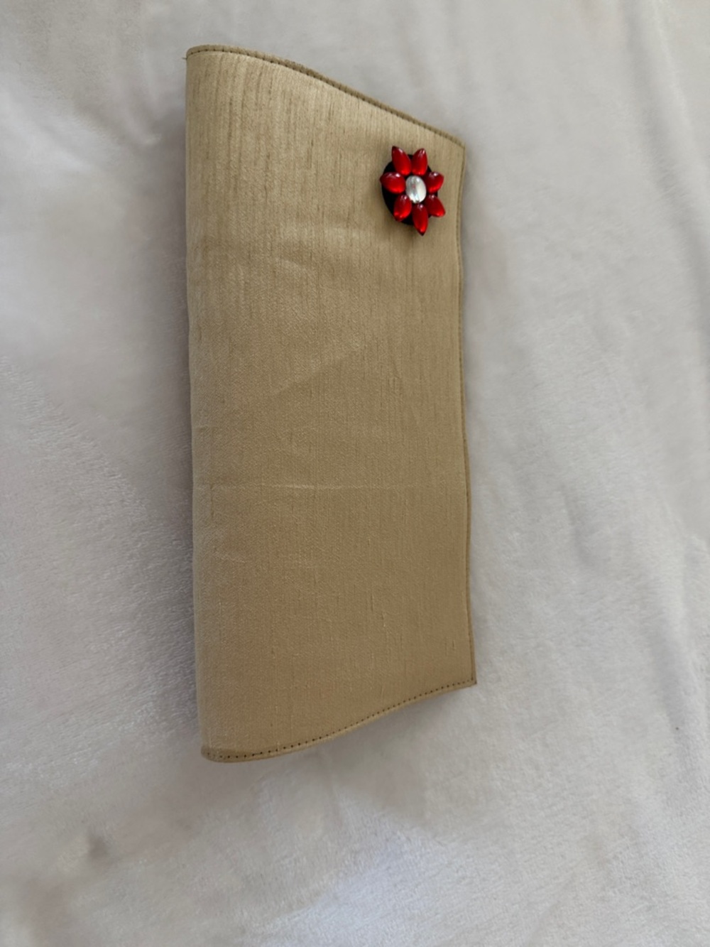 Neutral Beige Clutch with Red Flower Accent